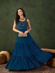 Floral Thread & Sequinned Embroidered Gathered Ethnic Drees