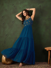 Floral Thread & Sequinned Embroidered Gathered Ethnic Drees