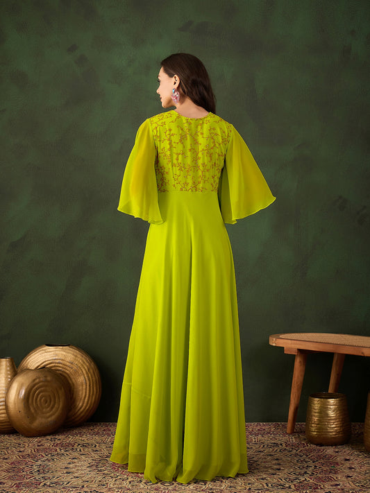 Floral Thread & Sequinned Embroidered A-Line Ethnic Drees