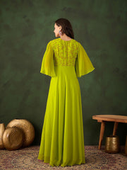 Floral Thread & Sequinned Embroidered A-Line Ethnic Drees