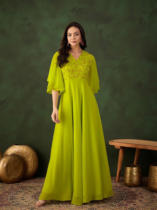 Floral Thread & Sequinned Embroidered A-Line Ethnic Drees