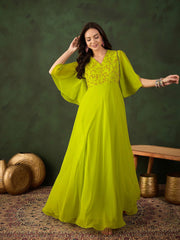 Floral Thread & Sequinned Embroidered A-Line Ethnic Drees
