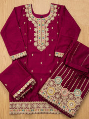 Magenta Embroidered Chinnon Silk Palazzo Suit