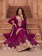 Magenta Embroidered Chinnon Silk Palazzo Suit