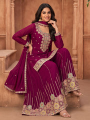Magenta Embroidered Chinnon Silk Palazzo Suit