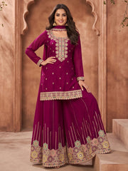 Magenta Embroidered Chinnon Silk Palazzo Suit