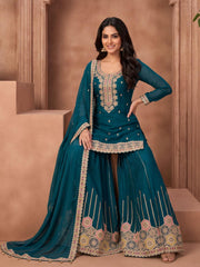 Teal Embroidered Chinnon Silk Palazzo Suit