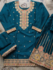 Teal Embroidered Chinnon Silk Palazzo Suit