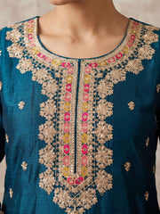 Teal Embroidered Chinnon Silk Palazzo Suit