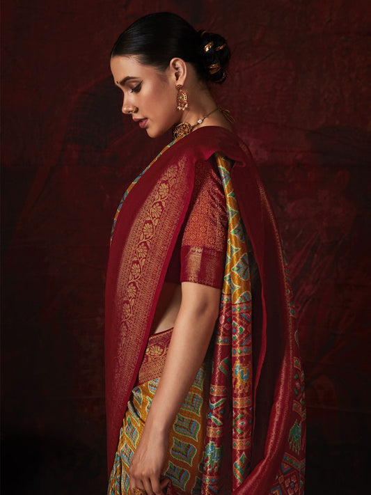 Mustard Yellow Digital Printed Silk Festival Wear Saree