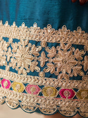 Teal Embroidered Chinnon Silk Palazzo Suit