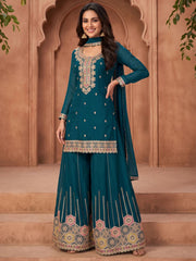 Teal Embroidered Chinnon Silk Palazzo Suit