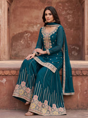 Teal Embroidered Chinnon Silk Palazzo Suit