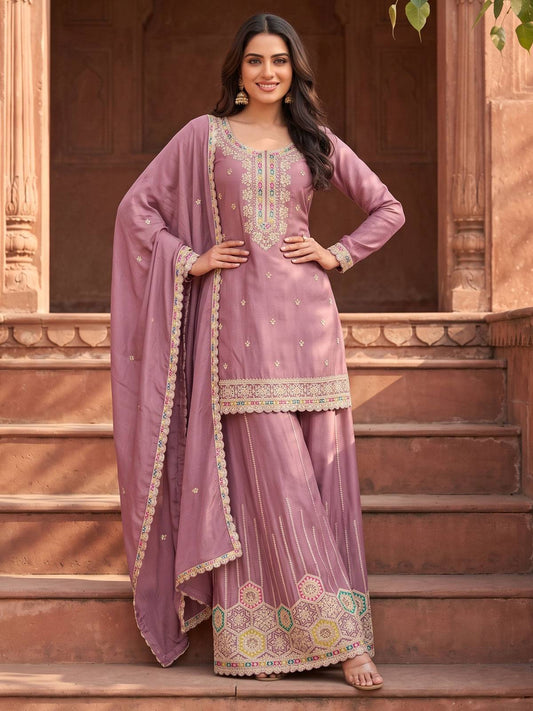 Pink Embroidered Chinnon Silk Palazzo Suit