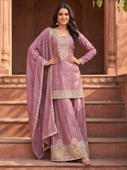 Pink Embroidered Chinnon Silk Palazzo Suit