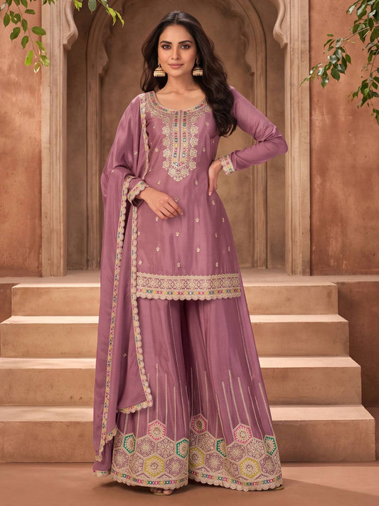 Pink Embroidered Chinnon Silk Palazzo Suit