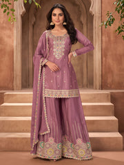 Pink Embroidered Chinnon Silk Palazzo Suit