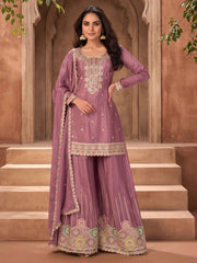 Pink Embroidered Chinnon Silk Palazzo Suit