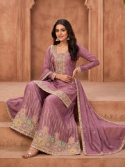 Pink Embroidered Chinnon Silk Palazzo Suit