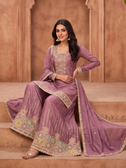 Pink Embroidered Chinnon Silk Palazzo Suit