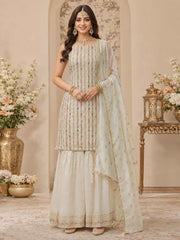 Off White Georgette Readymade Salwar Suit with Embroidered and Swarovski