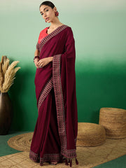 Maroon Embroidered Sarees With Blouse