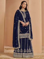 Blue Festive Style Embroidered Palazzo Suit