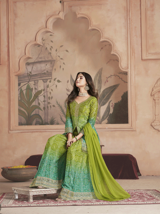 Women Ethnic Motifs Printed Panelled Mirror Work Kurta with Sharara and Dupatta