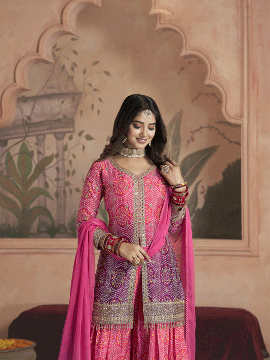 Women Alina Cut Bandhani Printed Regular Sequinned Kurta with Palazzos and With Dupatta