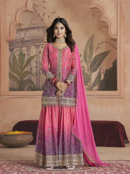 Women Alina Cut Bandhani Printed Regular Sequinned Kurta with Palazzos and With Dupatta