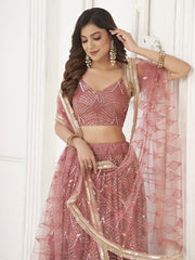 Mesmerizing Dusty Pink Thread Work Net Reception Wear Lehenga Choli