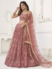 Mesmerizing Dusty Pink Thread Work Net Reception Wear Lehenga Choli