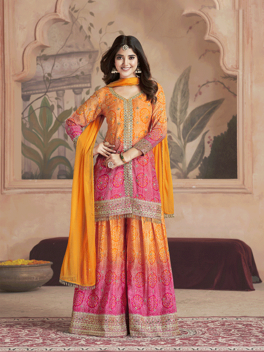 Women Alina Cut Bandhani Printed Regular Sequinned Kurta with Palazzos and With Dupatta