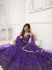 Pretty Purple Sequins Butterfly Net Party Wear Lehenga Choli
