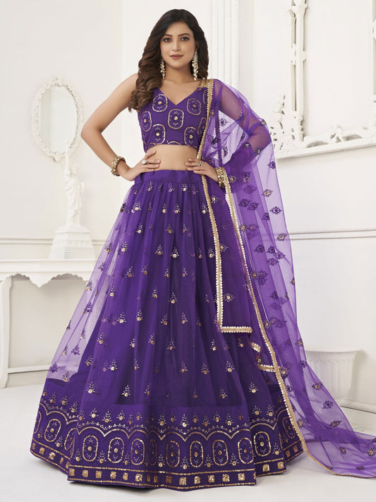 Pretty Purple Sequins Butterfly Net Party Wear Lehenga Choli