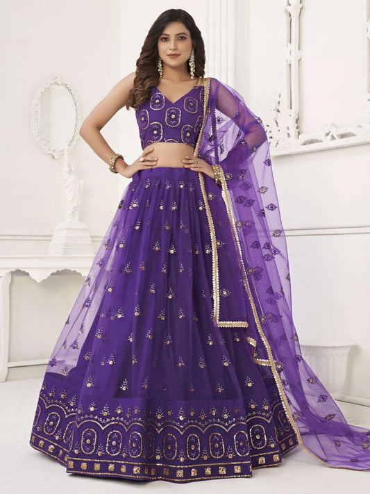 Pretty Purple Sequins Butterfly Net Party Wear Lehenga Choli