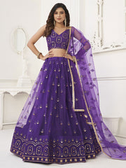 Pretty Purple Sequins Butterfly Net Party Wear Lehenga Choli