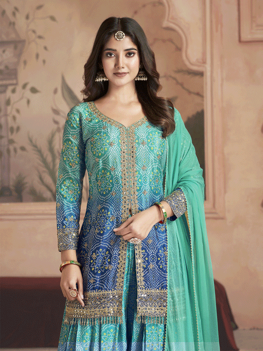 Women Alina Cut Bandhani Printed Regular Sequinned Kurta with Palazzos and With Dupatta