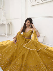 Charming Yellow Sequins Net Haldi Wear Lehenga Choli With Dupatta