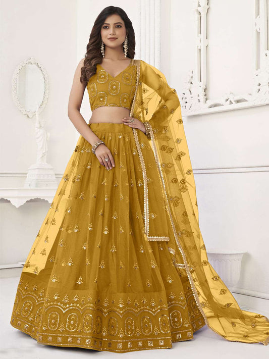 Charming Yellow Sequins Net Haldi Wear Lehenga Choli With Dupatta