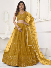 Charming Yellow Sequins Net Haldi Wear Lehenga Choli With Dupatta