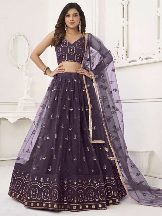 Adorable Purple Sequins Net Function Wear Lehenga Choli With Dupatta