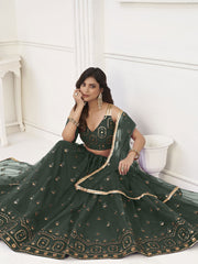 Precious Green Sequins Net Mehendi Wear Lehenga Choli With Dupatta