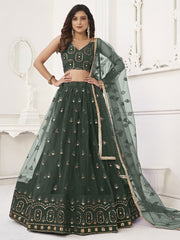 Precious Green Sequins Net Mehendi Wear Lehenga Choli With Dupatta