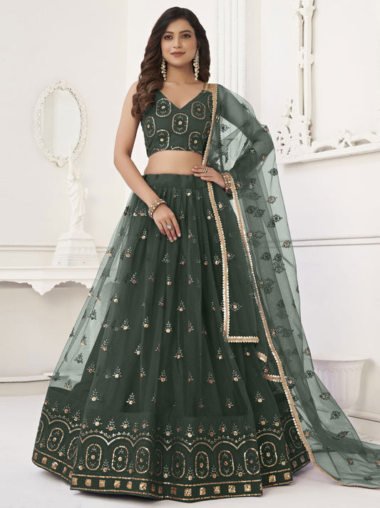 Precious Green Sequins Net Mehendi Wear Lehenga Choli With Dupatta