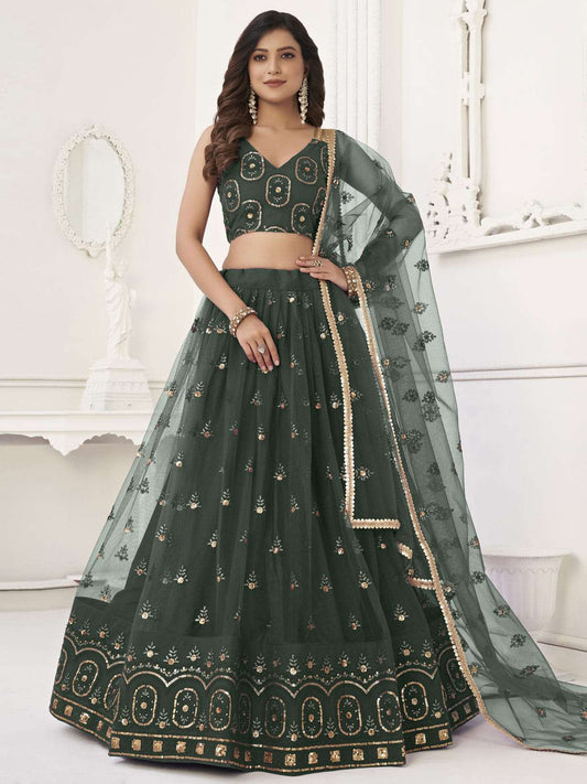 Precious Green Sequins Net Mehendi Wear Lehenga Choli With Dupatta