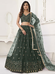 Precious Green Sequins Net Mehendi Wear Lehenga Choli With Dupatta