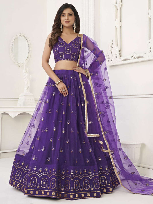 Pretty Purple Sequins Butterfly Net Party Wear Lehenga Choli