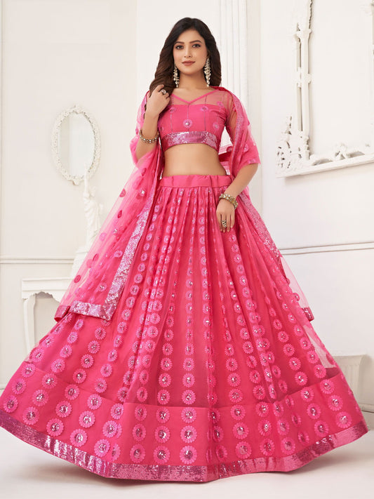 Astonishing Pink Sequins Net Reception Wear Wear Lehenga Choli