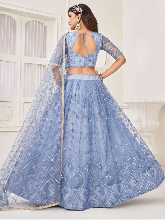 Ice Blue Foil Mirror Embroidery Wedding Lehenga Choli